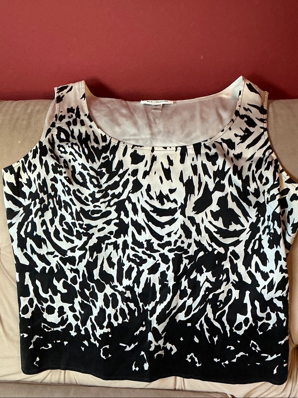 St. John Black and White Animal-Print Sleeveless Silk Tank